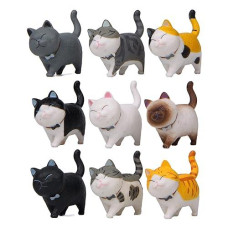 Halloluck 9 Pcs Cute Miniature Cat Figure Animal Cat Characters Toys Mini Figure Collection Playset, Cake Topper, Plant, Automobile Decoration