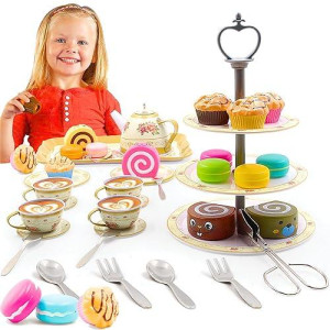 Tea Party Set For Little Girls Pretend Play For Toddlers Princess Tea Time, 39 Pcs Kids Tin Tea Set Cups, Teapot, Plastic Cakes 3 Tier Cake Stand Gift Toys For Age 3-4 Years