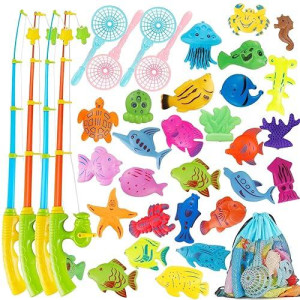 Magnetic Fishing Toy,60 Pcs Fishing Magnets Game With 4 Fishing Poles 4 Fishing Nets And 52 Floating Ocean Sea Animals,Toddler Bath Toys, Water Toys Fishing Game For Kids
