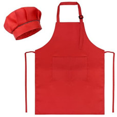 Sunland Kids Apron And Hat Set Children Chef Apron For Cooking Baking Painting Red (M:6-12 Years)
