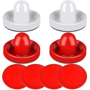 One250 Air Hockey Pushers And Red Air Hockey Pucks, Goal Handles Paddles Replacement Accessories For Game Tables (4 Striker, 4 Puck Pack) (White & Red)