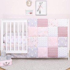 The Peanutshell Pink Woodland Floral Crib Bedding Set For Baby Girls - Crib Quilt, Fitted Sheet, Dust Ruffle Included