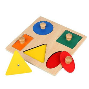 Montessori Wooden Puzzle Board Knob Wooden Puzzle Geometric Shape Puzzle Early Education Material Sensorial Toy For Toddler Shape & Color Sorter (5 Geometry Shape)