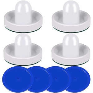 Air Hockey Pushers And Blue Air Hockey Pucks, Goal Handles Paddles Replacement Accessories For Game Tables (4 Striker, 4 Puck Pack) (White)