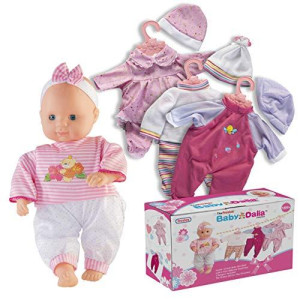 Prextex 12-Piece Baby Doll with Clothes Set - Baby Dalia 14-Inch Girl Doll with 4 Nice Outfit Sets and 3 Hangers - Baby Dolls Best Gift for Toddlers and Girls