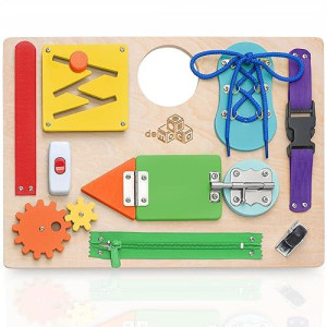 Democa Montessori Busy Board For Toddlers, Kids Sensory Toy Wooden Activity Board With 10 Preschool Educational Activities To Develop Fine Motor Skills, Travel Toy, Boys & Girls Gift