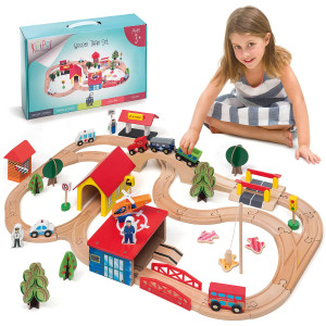 Kipipol Train Set - 69 Pieces Wooden Train Tracks & Trains For Kids, Toddler Boys And Girls 3,4,5 Years Old And Up- Premium Wood Construction Toys -Fits Thomas, Brio, Ikea, Melissa And Doug