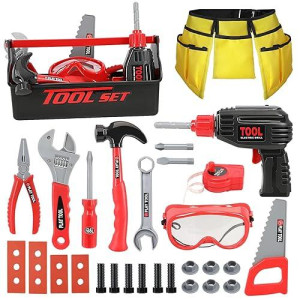 Loyo Kids Tool Set - Pretend Play Construction Toy With Tool Box Kids Tool Belt Electronic Toy Drill Construction Accessories Gift For Toddlers Boys Ages 3 , 4, 5, 6, 7 Years Old (Red)