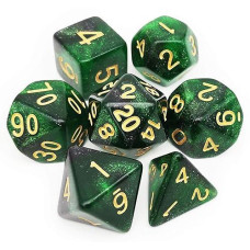 Haxtec glitter DND Dice Set 7PcS Polyhedral D&D Nebula Dice for Roleplaying Dice games as Dungeons and Dragons (green Black Nebula)