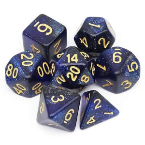 Haxtec Glitter Dnd Dice Set 7Pcs Polyhedral D&D Nebula Dice For Roleplaying Dice Games As Dungeons And Dragons (Blue Black Nebula)