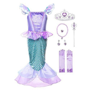 Jerrisapparel Girls Princess Mermaid Costume Cosplay Party Dress (4T, Purple With Accessories)