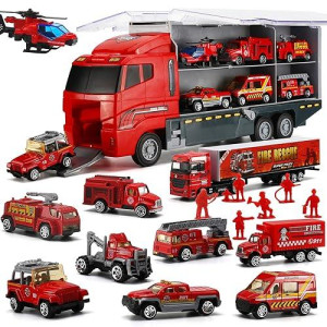 19 Pcs Fire Truck With Firefighter Toy Set, Mini Die-Cast Fire Engine Car In Carrier Truck, Mini Rescue Emergency Double Side Transport Vehicle For Kid Child Boy Girl Birthday Christmas Party Favors