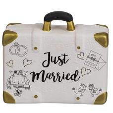 Ootb Savings Box, Suitcase, Just Married, Ceramic, White & Gold, Dimensions: 14 X 13 X 5 Cm