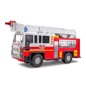 Playkidiz 15" Fire Truck Toy For Kids With Lights And Siren Sounds, Classic Red And White Rolling Emergency Vehicle, Interactive Play Movable Ladder, Early Learning Fun, Boys Or Girls