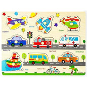 Wooden Puzzles Vehicles & Traffic Tools Chunky Baby Puzzles Peg Board For Preschool Educational Jigsaw Puzzles, 9 Pieces