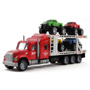 Vokodo Friction Powered Toy Semi Truck Trailer 14.5 With Four Lifted Pickup Cars Kids Push And Go Big Rig Carrier 1:32 Scale Auto Transporter Semi-Truck Play Vehicle Great Gift For Children Boys Girl
