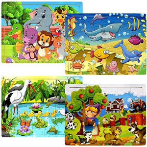Wooden Puzzles For Kids Ages 3-5 2-4, Puzzle For Toddlers 24 Piece Preschool Kids Jigsaw Puzzles - 4 Pack Vibrant Children Theme Learning Educational Puzzle Set For Kids 2 3 4 5 Year Old
