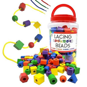 LMC Products Wooden Lacing Beads & Strings 125 Pieces, Fine Motor Skills Toys for 3 Year Old, Fine Motor Toys, Lacing Beads for Toddlers, Occupational Therapy Toy for Toddler