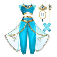 Kukiee Girls Princess Costume Halloween Cosplay Party Dress Up (5-6/120, Blue With Accessories)