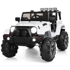Costzon Ride On Car, 12V Battery Powered Electric Ride On Truck W/Parental Remote Control, Led Lights, Double Doors, Safety Belt, Music, Mp3 Player, Spring Suspension (White)