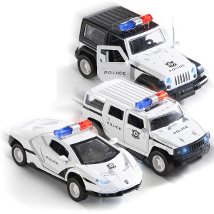 Top Race Metal Die Cast Police Cars Pull Back Battery Powered With Led Headlights Police Truck And Sirens 1:32 Scale Set Of 3 - Die Cast Metal Toy Cars Hot Wheels Police Car For Kids Ages 4-8