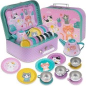 Jewelkeeper Toddler Toys Tea Set For Little Girls - 15 Pcs Tin Tea Set For Kids Tea Time Includes Teapot, 4 Tea Cup And Saucers Set & 4 Snack Plates , Cat Tea Party Set With Carrying Case