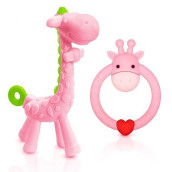Share&Care Bpa Free Silicone Giraffe Baby Teether Toy With Storage Case, For 3 Months Above Infant Sore Gums Pain Relief And Baby Shower, Baby Teething Toys (Pink)