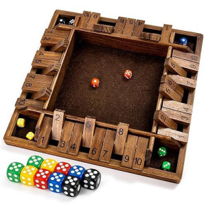 Ropoda 14 Inches 4-Way Shut The Box Dice Board Game (2-4 Players) For Kids & Adults [4 Sided Large Wooden Board Game, 8 Dice + Shut-The-Box Rules] Smart Game For Learning Addition - Vintage Style
