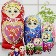 Jeccffes Russian Nesting Dolls Matryoshka Wood Stacking Nested Set 10 Pieces Handmade Toys For Children Kids Christmas Mother'S Day Birthday