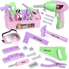 Kids Tool Set With Toy Drill And Tool Box, Pretend Play Construction Tools Toy Gifts For Toddlers Girls Kids Aged 3 4 5 6 7