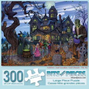 Bits and Pieces - 300 Piece Jigsaw Puzzle for Adults 18 X 24 - goblins and goodies and ghouls - Oh My - 300 pc Haunted House Halloween Trick or Treat Jigsaw by Artist K Sean Sulivan