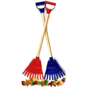 Matty'S Toy Stop 30.5" Heavy Duty Wooden Kids Lawn Rakes With Plastic Rake Head & Handle (Red & Blue) Gift Set Bundle - 2 Pack
