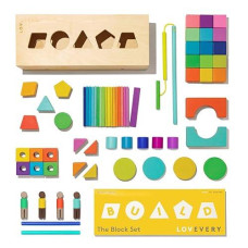 Lovevery | The Block Set | Solid Wood Building Blocks And Shapes + Wooden Storage Box, 70 Pieces, 18 Colors, 20+ Activities, Toddler Block Set And Converts Into A Pull Car, Ages 12 To 48+ Months
