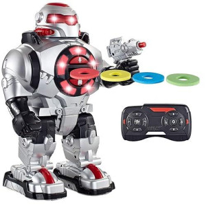 Think Gizmos Roboshooter Fast Firing Foam Disc Rc Robot Toy For Kids Aged 5,6,7,8,9 - Remote Control Robot Toy With Voice Recording, Plays Music & Dances. (Silver)