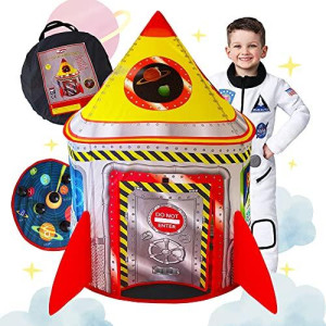 Playz 5-In-1 Rocket Ship Play Tent For Kids With Dart Board, Tic Tac Toe, Maze Game, & Immersive Floor - Indoor & Outdoor Popup Playhouse Set For Toddler, Baby, & Children Birthday Gifts