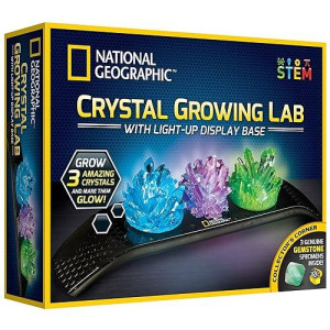 National Geographic Crystal Growing Kit - 3 Vibrant Colored Crystals To Grow With Light-Up Display Stand & Guidebook, Includes 3 Real Gemstone Specimens Including A Geode & Green Fluorite
