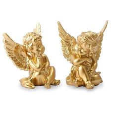 OwMell Set of 2 Gold Angels Resin Cherubs Statue Figurine, Indoor Outdoor Home Garden Decoration 4 Inch, Adorable Angel Sculpture Memorial Statue A Pair