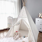 Kids Play Teepee Tent Indoor, Lace Teepee Boho Tent Baby Teepee Tent For Kids Foldable Tipi Tents Canvas Toddler Tent With Light String