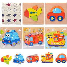 Wooden Puzzles For Toddlers 1 2 3 Years Old, 5 Packs Vehicle Car Puzzles For Boys And Girls,Montessori Learning Toys Gift For Kids Baby, Bright Vibrant Color Shape,(Storage Bag Included)