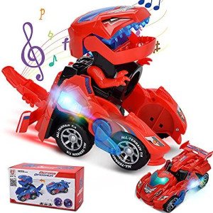 Inlaier Transforming Dinosaur Toys, 2 In 1 Automatic Transforming Dinosaur Car With Led Light And Music Transform Dino Car For Kids Christmas Birthday Gifts (Red)