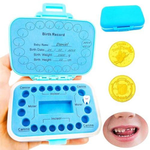 Baby Teeth Keepsake Box, Tooth Fairy Box, Tooth Storage Holder, Lost Deciduous Tooth Collection Organizer With 2Pcs Tooth Fairy Golden Coin, Save Children Teeth To Keep The Childhood Memory (Blue)
