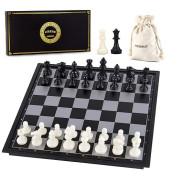 Amerous 10 Inches Magnetic Travel Chess Set With Folding Chess Board - 2 Extra Queens - Storage Bag For Pieces - Instructions For Beginner, Kids And Adults