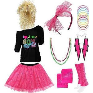 Z-Shop 80S Costumes Outfit Accessories For Women - 1980S Shirts Clothes,Leg Warmers,Rocker Wigs,Madonna Tutu For Halloween (Small, Hot Pink)