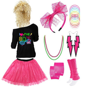 Z-Shop 80S Costumes Outfit Accessories For Women - 1980S Shirts Clothes,Leg Warmers,Rocker Wigs,Madonna Tutu For Halloween (Large, Hot Pink)