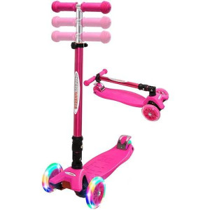 Chromewheels Scooters For Kids, Deluxe Kick Scooter Foldable 4 Adjustable Height 132Lbs Weight Limit 3 Wheel, Lean To Steer Led Light Up Wheels, Best Gifts For Girls Boys Age 3-12 Year Old, Pink