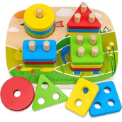 Dreampark Montessori Educational Toddler Toys: Montessori Toys For 1 2 3 Years Old Boys Girls Birthday Gifts, Toddlers Toys Ages 1-2 Wooden Stack And Sort Geometric Board Blocks Toys For Kids Baby