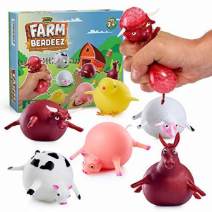 Yoya Toys Farm Beadeez Squishy Stress Relief Balls (6 Pack) - Squeezing Fidget Animal Shaped Toys With Water Beads For Kids And Adults - Sensory Toys For Autistic Children, Adhd, Anxiety, Party Favors