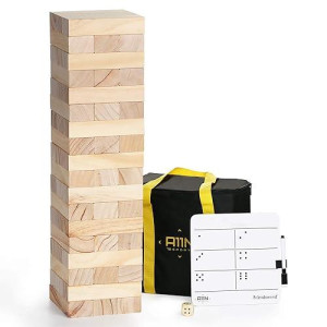 A11N Tumble Tower Game | 54 Blocks, Starts At 1.5 Feet Tall And Build To 3 Feet Tall | Wooden Stacking Yard Game With Carrying Bag, Rules Board, 1 Dice