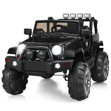 Costzon Ride On Car, 12V Battery Powered Electric Ride On Truck W/Parental Remote Control, Led Lights, Double Open Doors, Safety Belt, Music, Mp3, Spring Suspension (Deluxe Black)