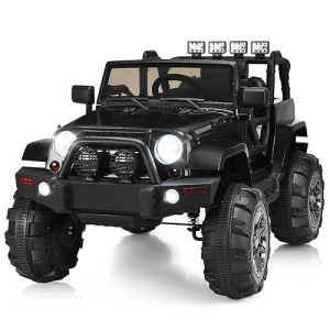 Costzon Ride On Car, 12V Battery Powered Electric Ride On Truck W/Parental Remote Control, Led Lights, Double Open Doors, Safety Belt, Music, Mp3, Spring Suspension (Deluxe Black)